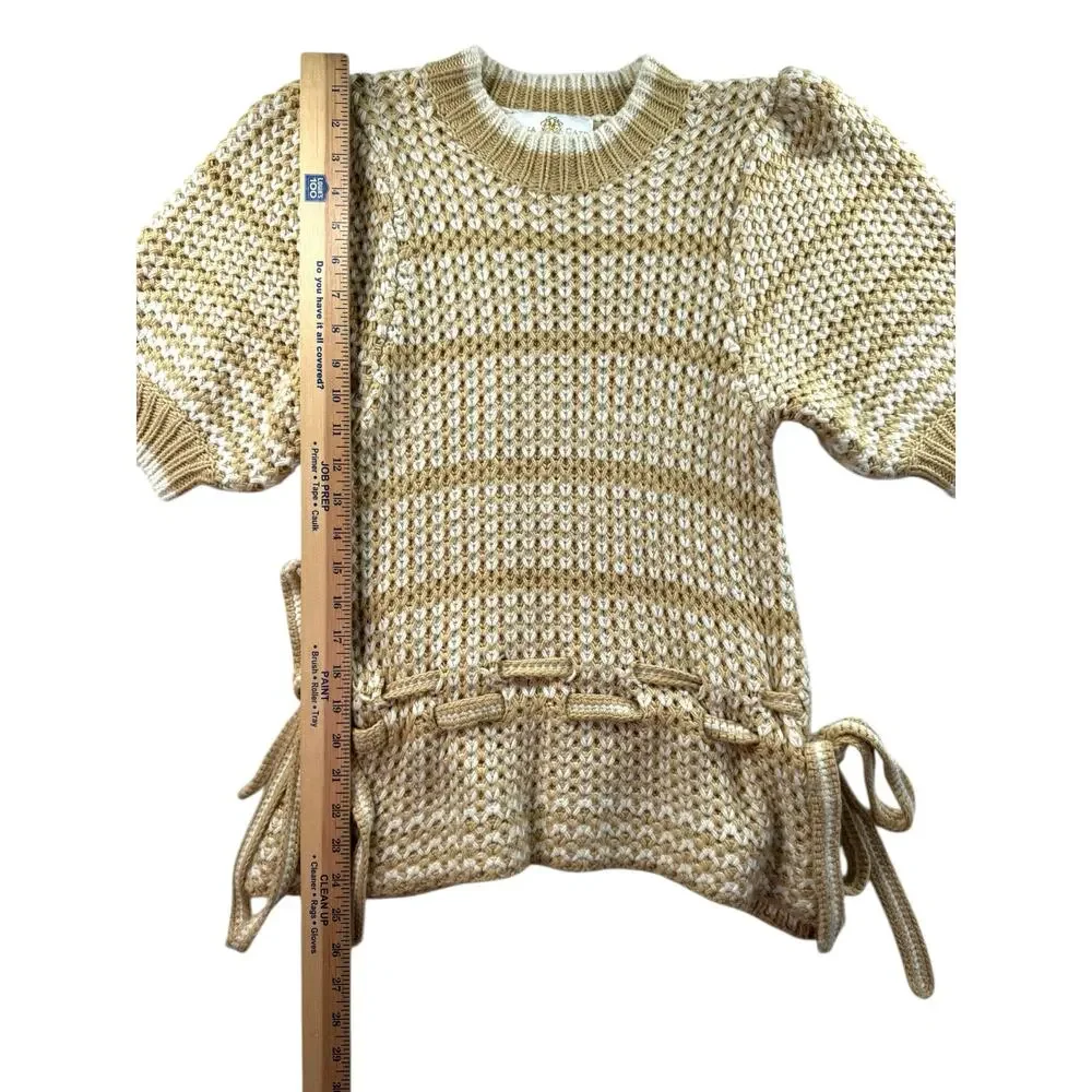 Anna Cate Alexa Sweater Size S Tan White Chunky Knit Tie Waist Puff Sleeve